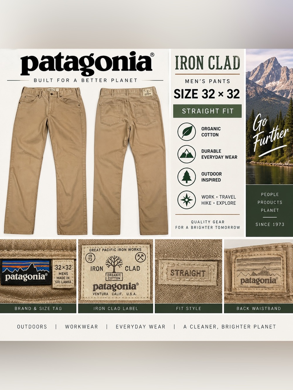Patagonia Iron Clad Straight Pants Men’s 32x32 Khaki Organic Cotton